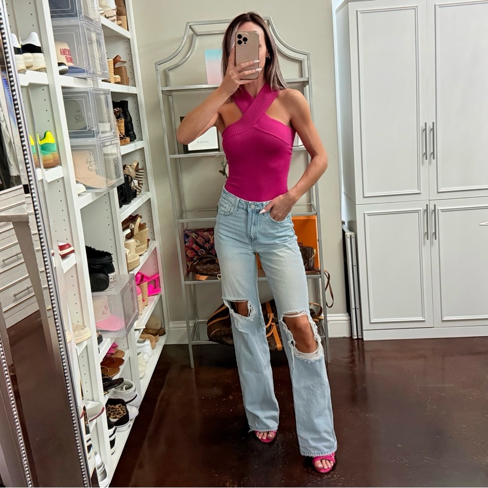 Lulus Hot Pink Cross Halter Knit Bodysuit XS